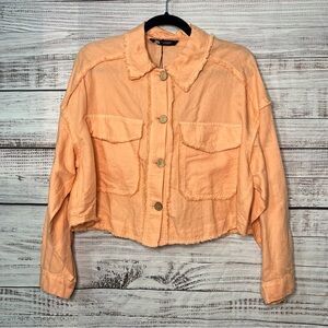 Zara Medium Cropped Boxy Orange Tangerine Button Up Frayed Edges Cotton Linen